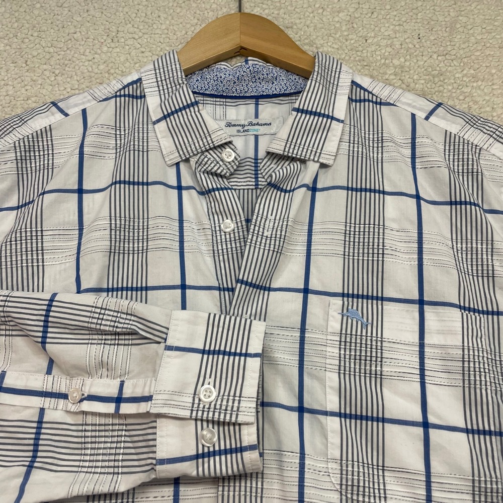 Tommy Bahama Shirt Mens L White Blue IslandZone Plaid Long Sleeve Button Down